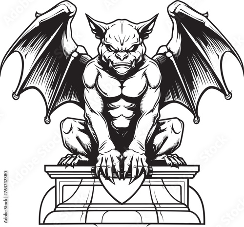 Winged Vigilant Vector Design Showcasing Gargoyle Full Body Statue Carved Guardian Vector Logo and Design Featuring Gargoyle Full Body Statue