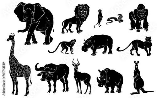 Set of silhouettes  stencils of wild animals of the African savannah.Vector graphics.