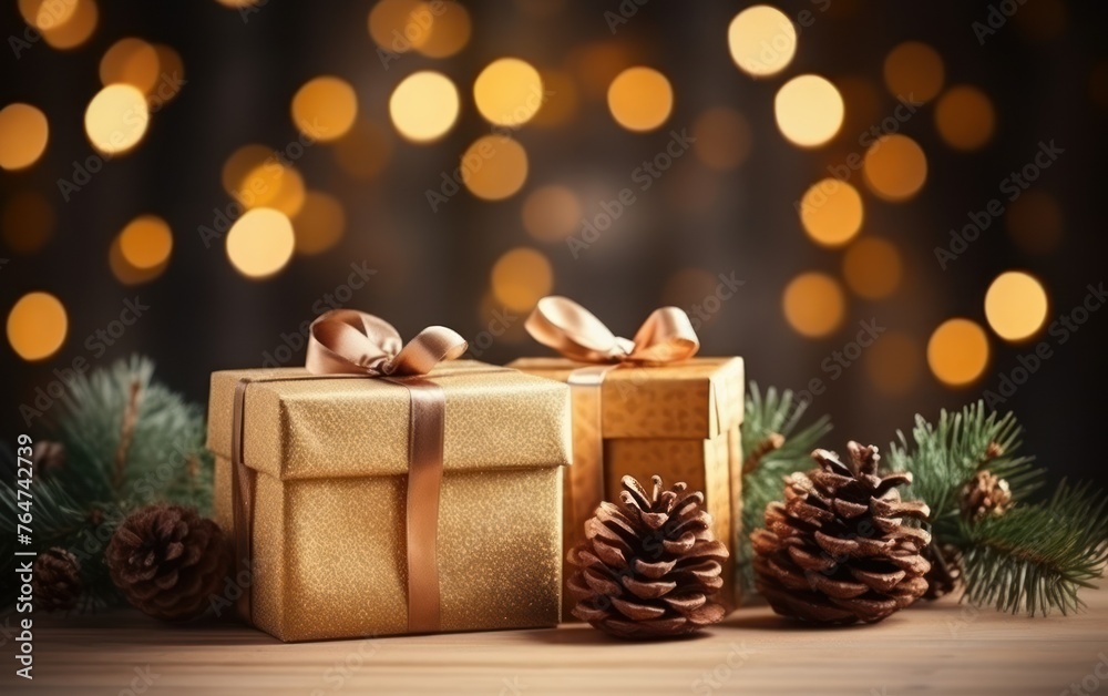 gift boxes and pine cones and branches on the background of bokeh garlands