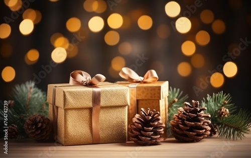 gift boxes and pine cones and branches on the background of bokeh garlands © Muh