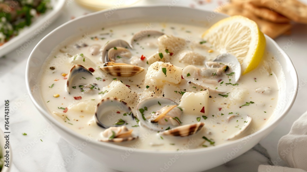 A hearty bowl of New England style clam chowder with tender clams diced potatoes and a creamy broth served with a side of oyster crackers and a wedge of lemon A hearty bowl of New England style clam chowder with tender clams diced potatoes and a creamy broth served with a side of oyster crackers and a wedge of lemon
