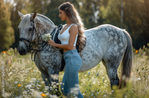 Beautiful woman in blue pants and white top standing next to her beautiful gray horse with black saddle, holding flowers © Kien