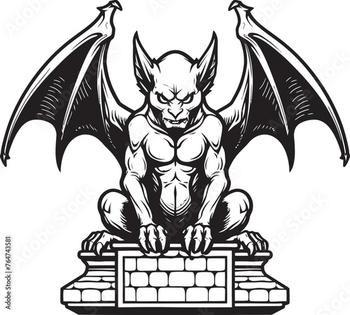 Granite Guardian Vector Artwork Depicting Gargoyle Full Body Statue Winged Guardian Vector Logo and Design Featuring Gargoyle Full Body Statue