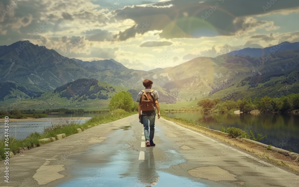 Hipster walking along the road to the mountains Hipster walking along the road to the mountains