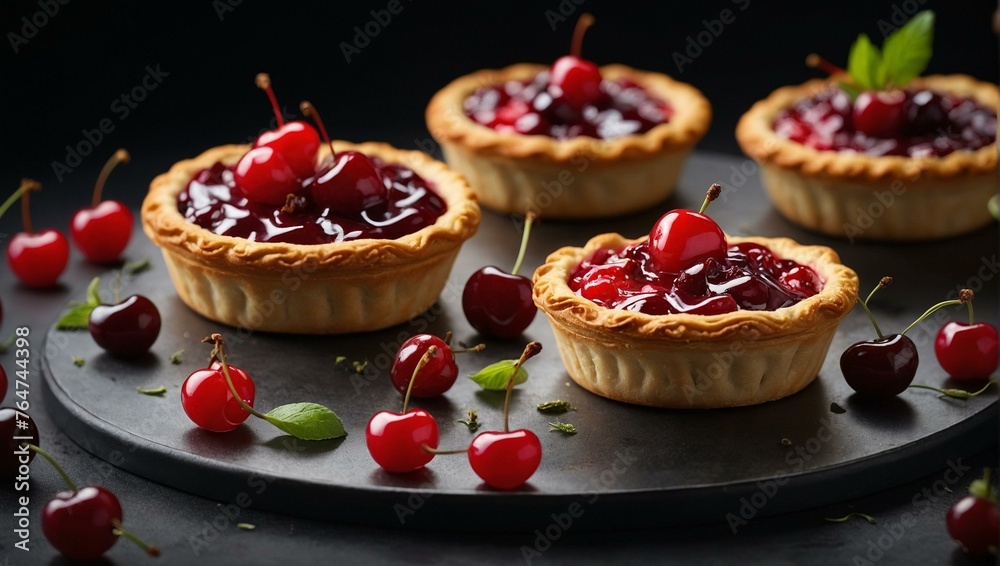 Luxurious cherry tarts with a shiny glaze presented on a dark plate convey a sense of gourmet sophistication