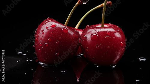 Gros plan, macro sur des cerises rouges, avec queues et feuilles. Fond noir. Goutte d'eau. Nourriture, fruits. Pour conception et création graphique.