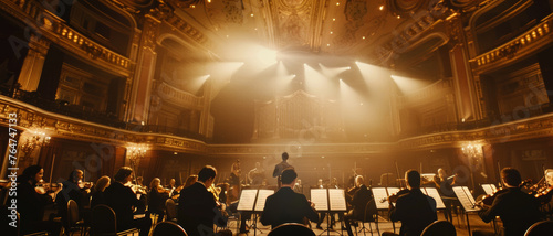 Symphony orchestra in mid-performance, captured in a majestic concert hall. photo
