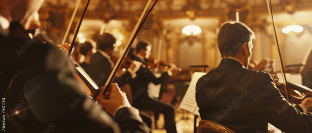 Fototapeta premium A violin section in focus at an opulent concert hall.