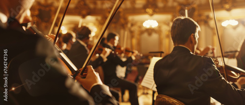 A violin section in focus at an opulent concert hall.