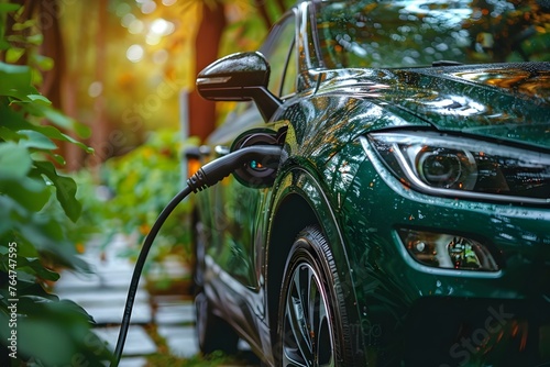 A green electric vehicle plugged into a charging station symbolizing sustainable transportation and renewable energy. Concept Electric Vehicles, Sustainable Transportation, Renewable Energy