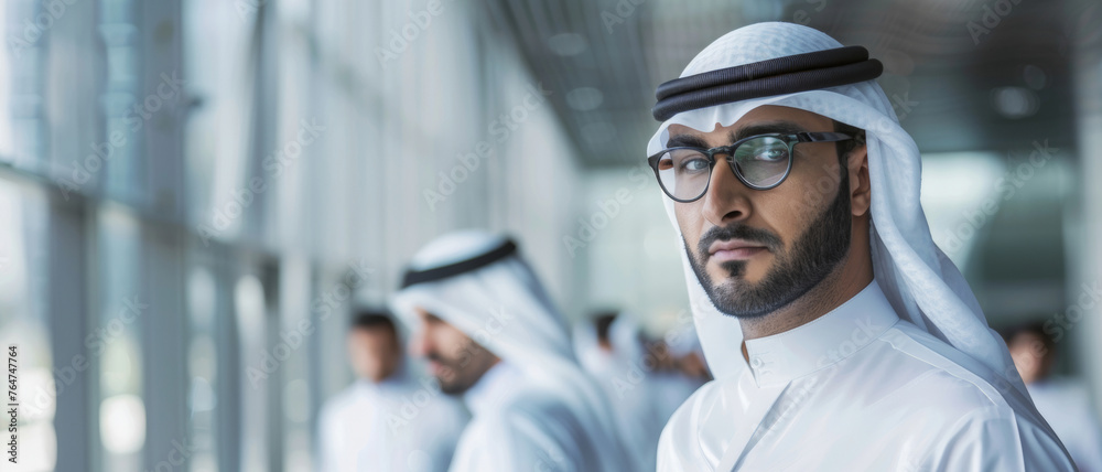 Emirati man in traditional attire with a thoughtful expression in modern settings.