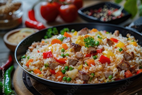 Fried rice with vegetables and meat in a frying pan