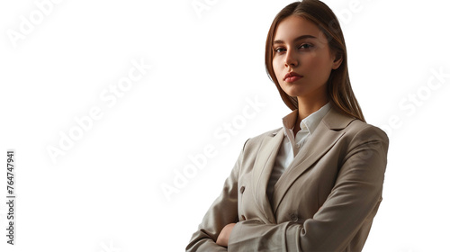 A sophisticated woman showcasing timeless style in a tailored suit, her graceful posture and impeccable fashion sense