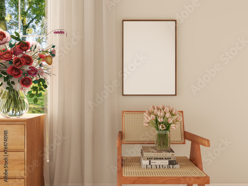 Interior frame mockup in cottage living room, natural light and wood chair. empty poster mock up, wood frame and flowers. 3D illustration photo