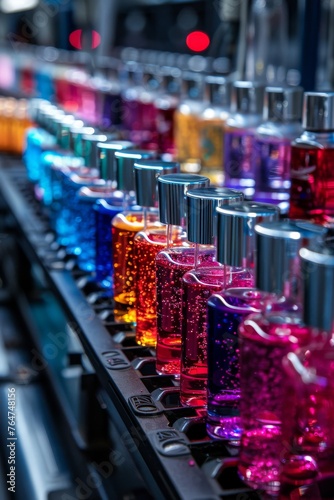 Cosmetics production, assembly line, selective focus