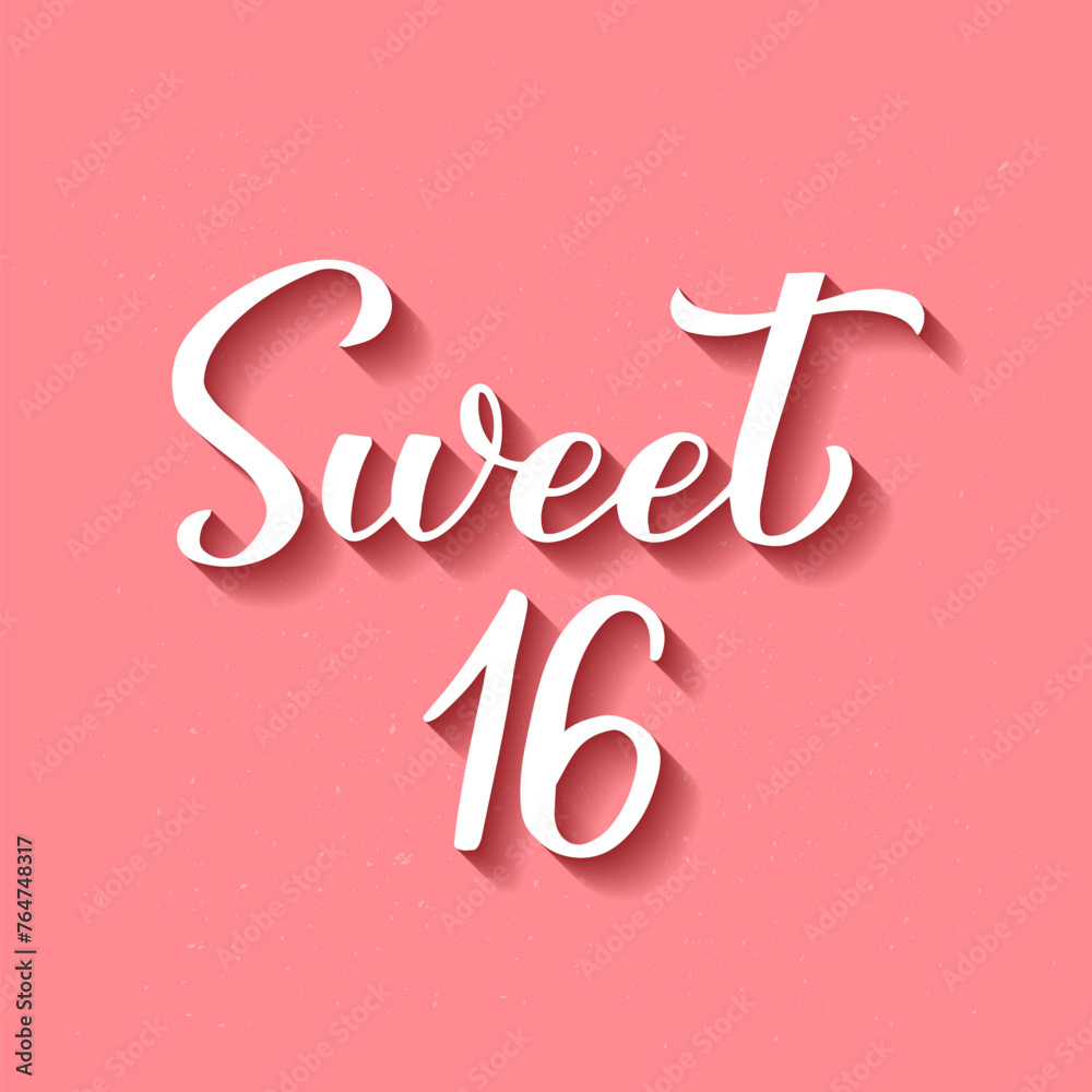 Sweet 16 calligraphy hand lettering on pink background. 16th birthday celebration inscription. Sweet sixteen typography poster. Vector template for greeting card, banner, etc.