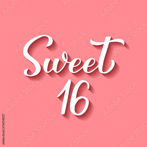 Obraz na płótnie Sweet 16 calligraphy hand lettering on pink background. 16th birthday celebration inscription. Sweet sixteen typography poster. Vector template for greeting card, banner, etc. w salonie