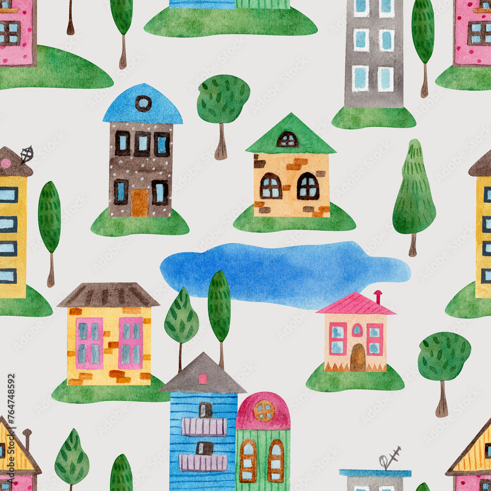 Nice houses, town. seamless pattern. Watercolor illustration
