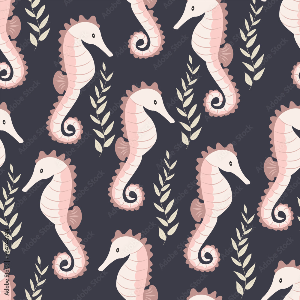 Pink seahorse, seamless pattern. Vector illustration