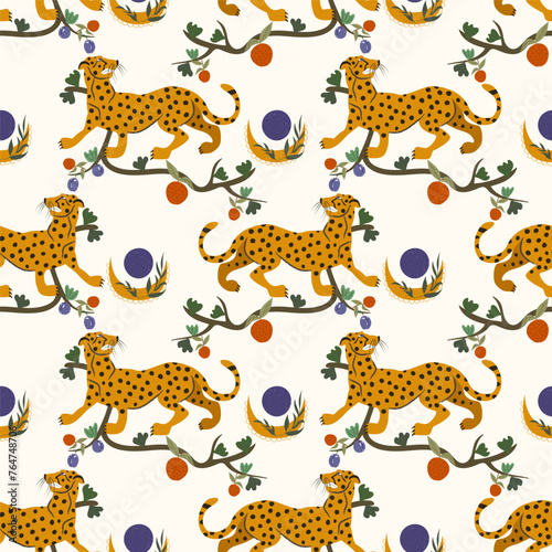 Leopard, mystical illustration, boho style. seamless pattern. Vector illustration © An Chubenko