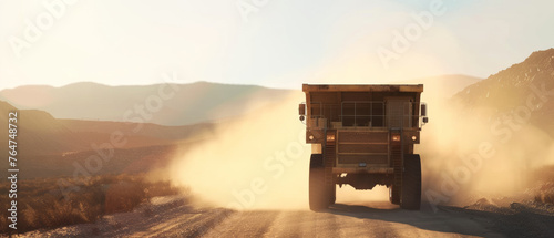 Dust trails behind a massive mining truck driving through a hazy desert sunset.