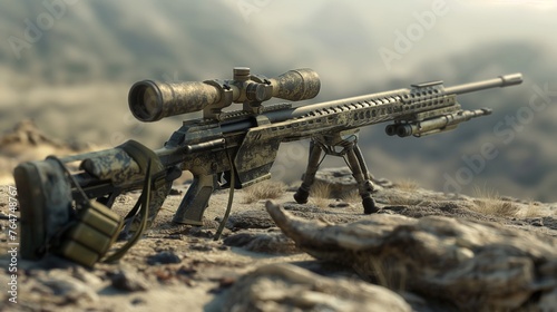 A camouflaged sniper rifle with scope mounted on a bipod, set against a rugged desert background.
