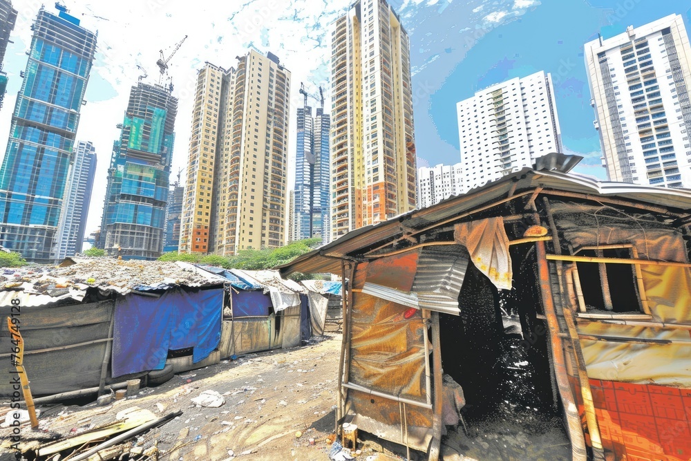 Fototapeta premium slum areas and poverty behind highrise buildings in the city professional photography