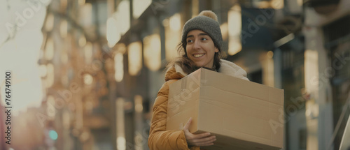 Cheerful woman on winter day, warmly dressed, carries a large cardboard box with a bright smile.