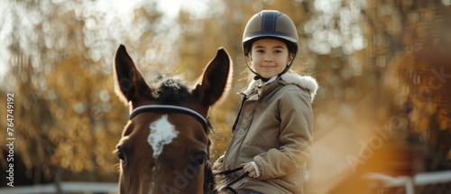 A young girl in equestrian attire beams confidently from atop her gentle horse in a sunny stable. © Ai Studio