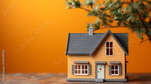 Tiny wooden toy house on vibrant orange background with ample space for text and copywriting
