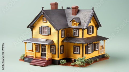Small toy yellow wooden house on green background, real estate property buying concept