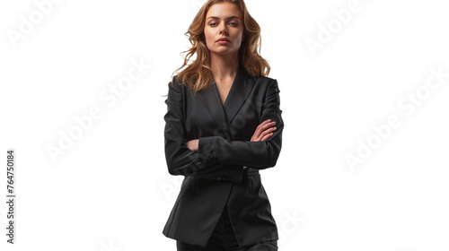 A strikingly beautiful woman, exuding confidence in a tailored suit, her poised stance and elegant demeanor captured in pristine detail against a white backdrop