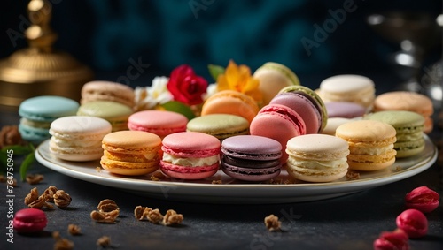 Colorful and beautifully arranged macarons on plate with floral decorations providing a feast for the eyes