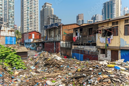 slum areas and poverty behind highrise buildings in the city professional photography