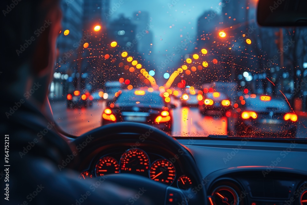 Through the driver's perspective, the rainy cityscape glows with traffic lights and the hustle of urban life