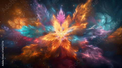 Cosmic bloom  abstract nebula explosion in space  vivid illustration of a cosmic event resembling a blooming flower amid the stars