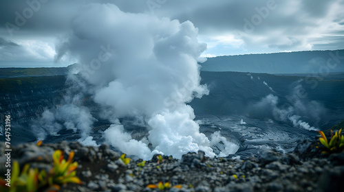 A volcanic vent, with steam rising as the background, during a fumarole activity