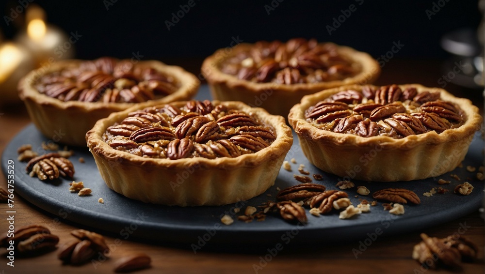 Delicious pecan pie tarts displayed on a navy blue plate, with pecan halves and crumbs Delicious pecan pie tarts displayed on a navy blue plate, with pecan halves and crumbs