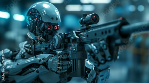 A futuristic combat robot holding a gun, depicting high-tech warfare and artificial intelligence.