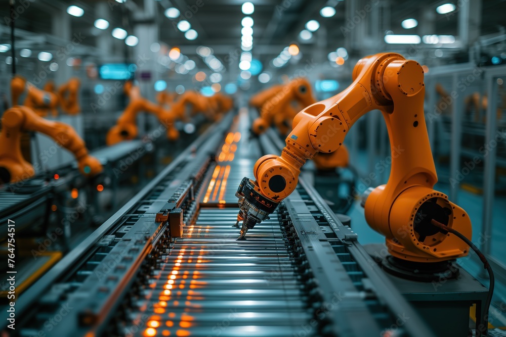 A dynamic view of multiple industrial robots perfectly aligned along an assembly line, signifying synchronization and mass production