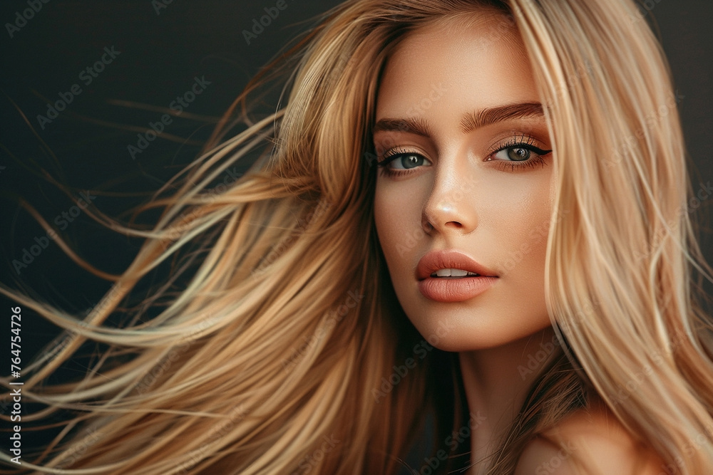 Beautiful blonde woman with long healthy hair with bangs Beautiful blonde woman with long healthy hair with bangs