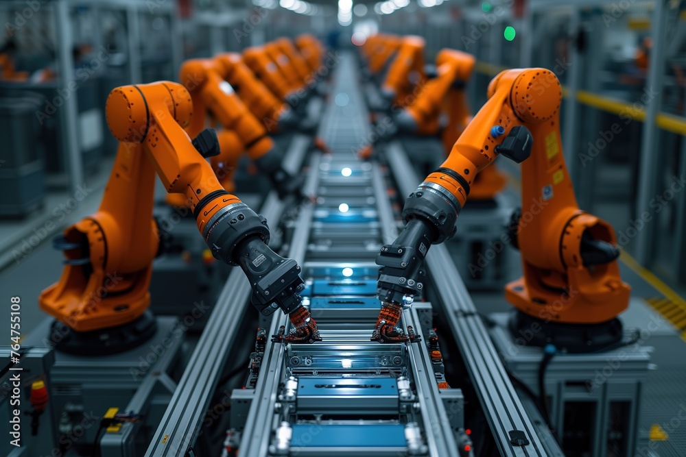 Multiple orange robotic arms work in unison on a production line ...