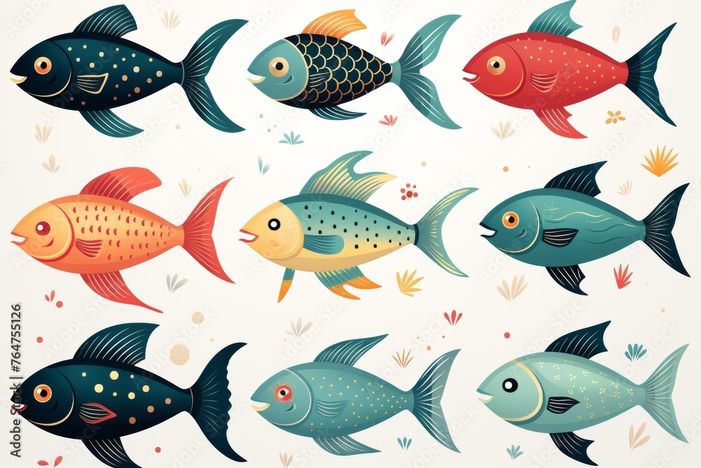 Colorful fish icons set on white background, cartoon style illustration for design projects Colorful fish icons set on white background, cartoon style illustration for design projects