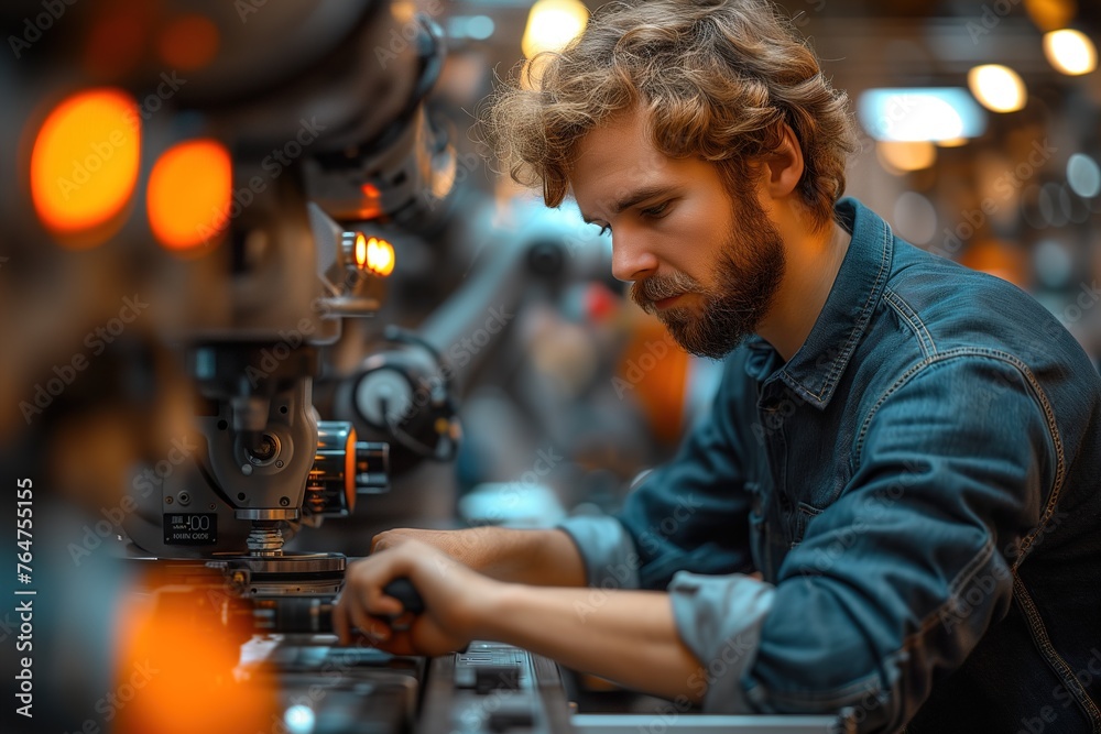 A professional engineer in denim shirt focuses on controlling a sophisticated robotic arm in a high-tech industrial setting A professional engineer in denim shirt focuses on controlling a sophisticated robotic arm in a high-tech industrial setting