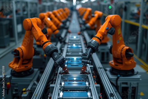 Multiple orange robotic arms work in unison on a production line showcasing the power of synchronized automation