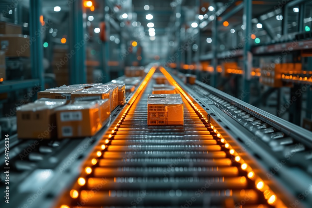 Glowing conveyor belt in a distribution center viewed in perspective, highlighting the movement of packages