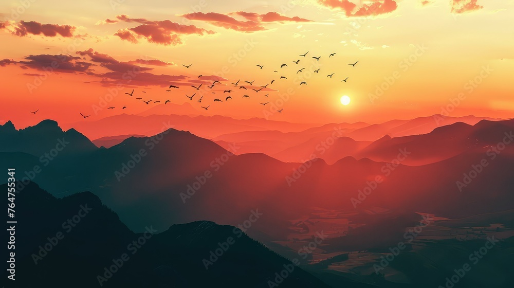 The sky begins to turn pinkish orange as the sun sets softly on the gliding lines of the mountains that look ethereal. The realistic mountain scenery gives a feeling the serenity and wonder of nature.