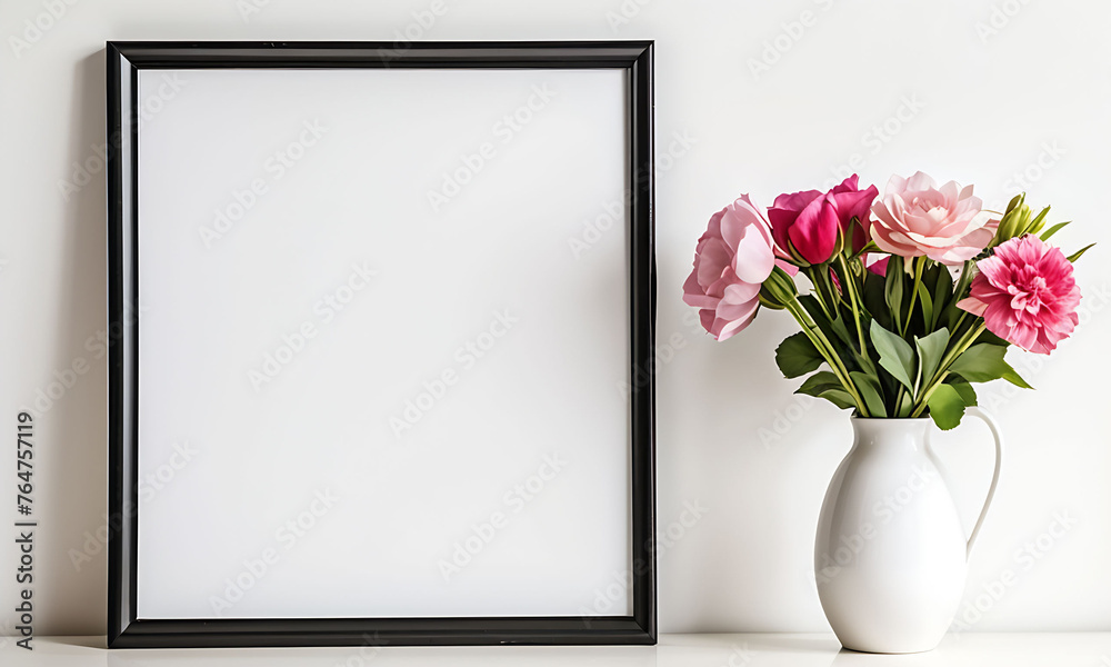 Beautiful photo frame with leaves on a white background.