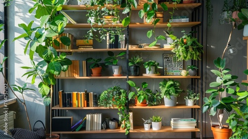 Modern wooden bookshelf with plants in interior