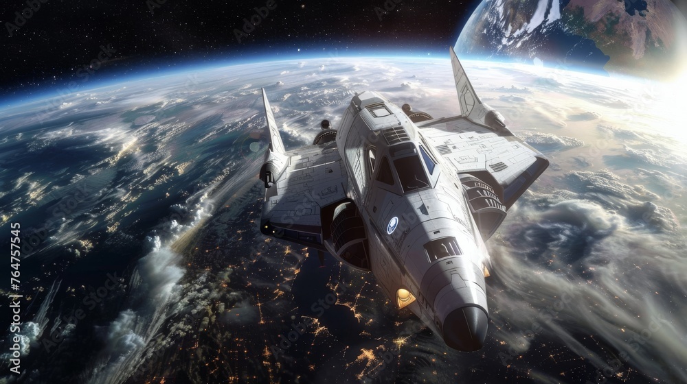 Obraz premium A realistic fighter jet is seen flying over the darkened Earth during nighttime. The jet is illuminated by its own lights against the backdrop of city lights and the planet below.